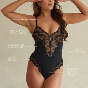Pinsy Sculpting Lace Shapewear Bodysuit Black- size XL Long Torso